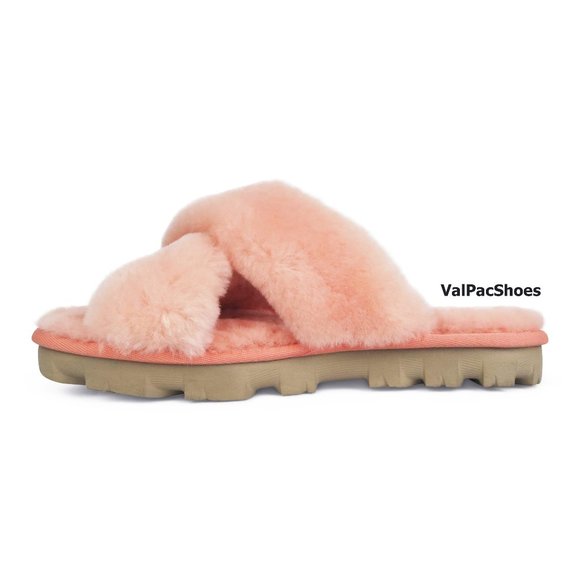 UGG Fuzzette Beverly Pink Criss Cross Strap Womens Fur Slippers - Picture 2 of 6